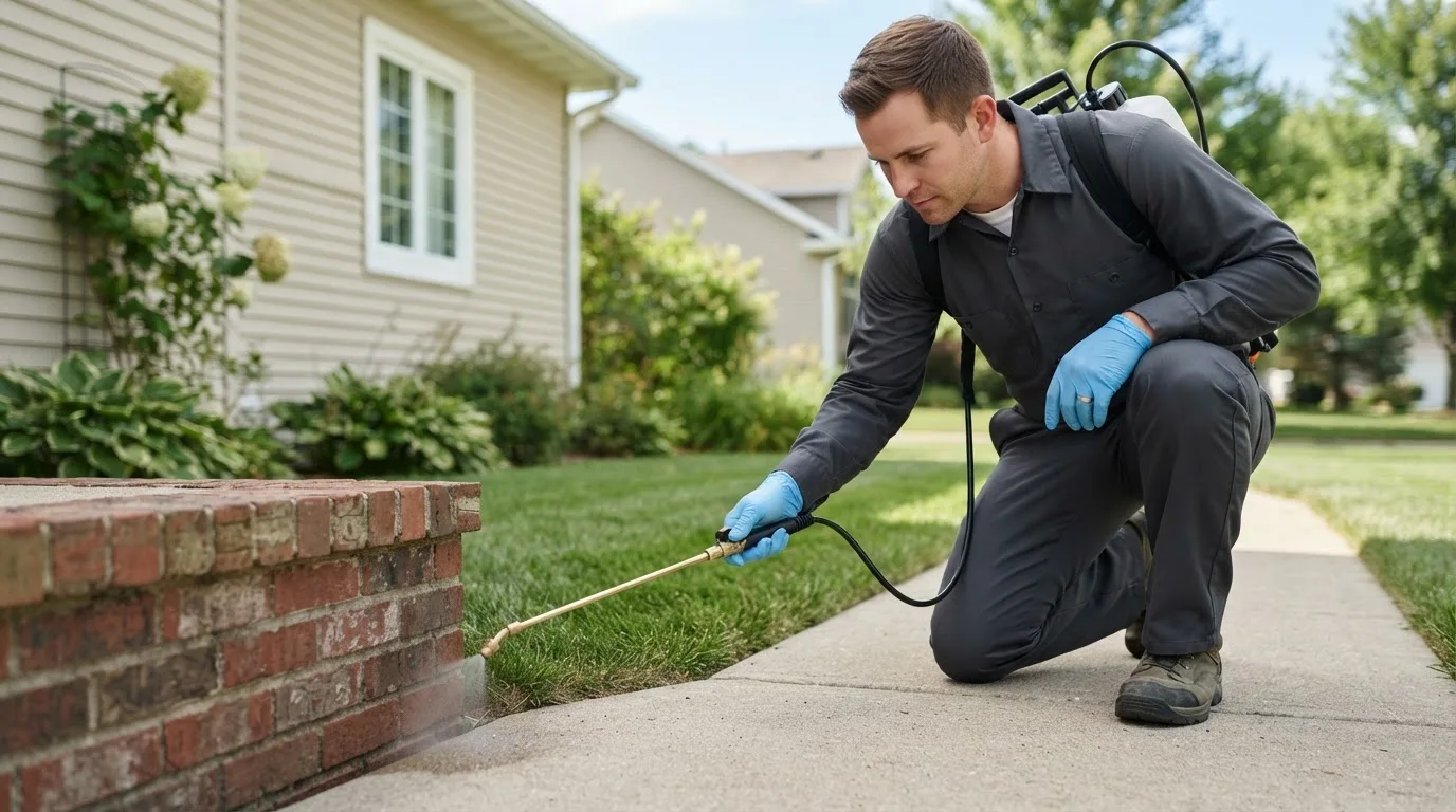 Pest control technician treating a home near La Jara, NM